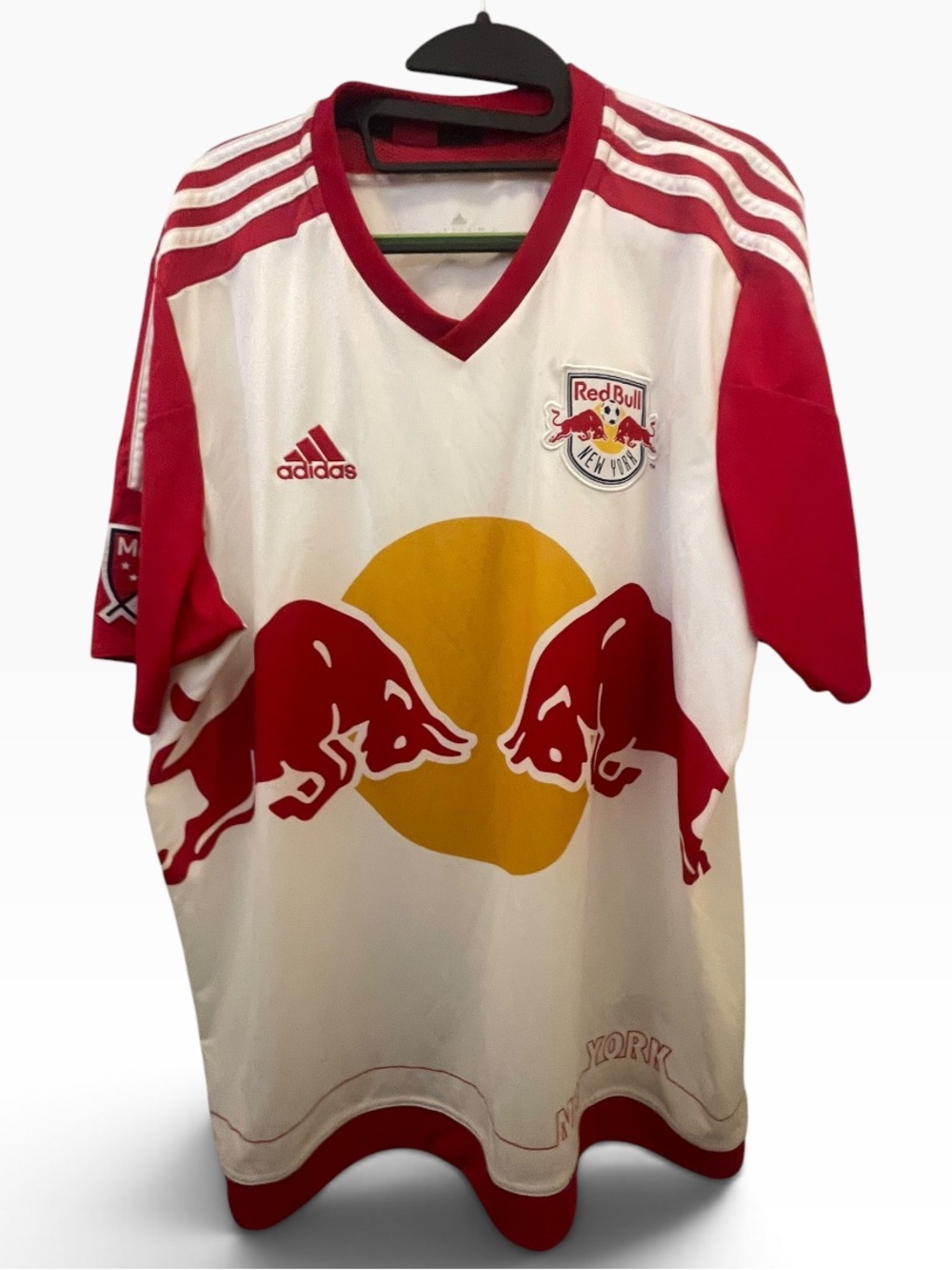 adidas Red & White New York Red Bulls Soccer Jersey with Yellow Logo